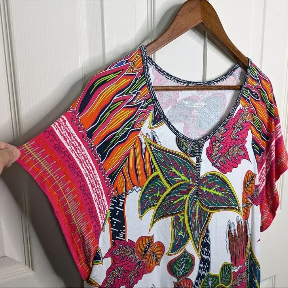 Soft Surroundings Tigerwood Tunic Top XL Tropical Floral Resort Travel Henley